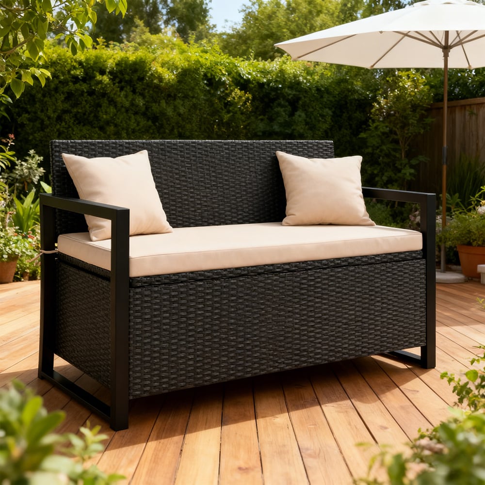 Patio Storage Bench Outdoor Wicker Loveseat With Built-in Storage_voghion.com